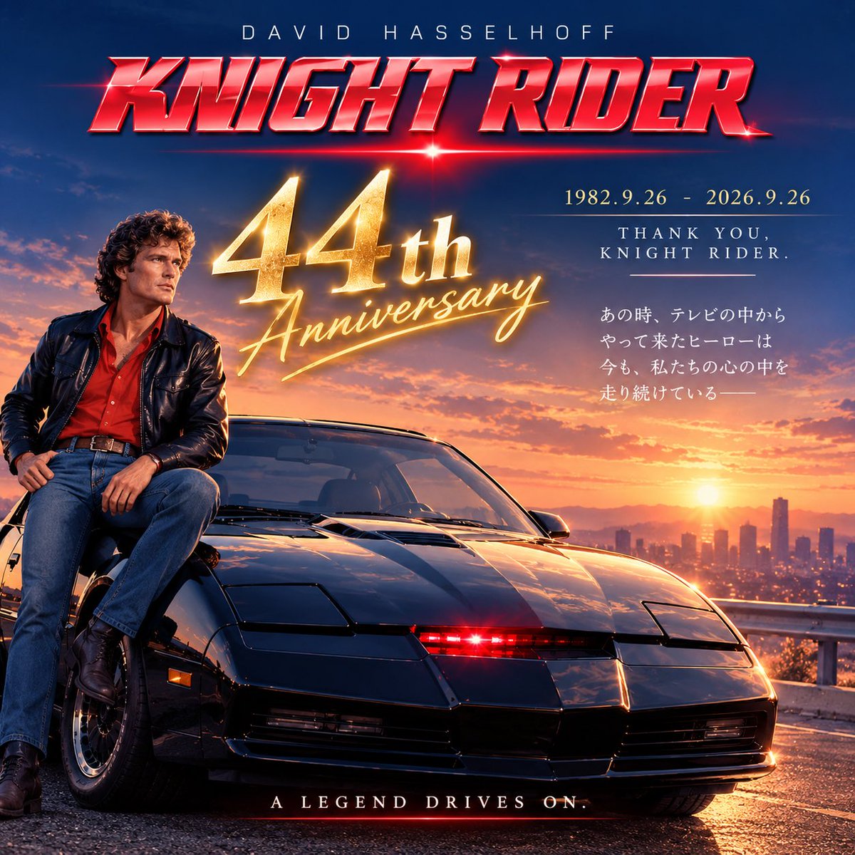 KnightIndJP's tweet photo. 『ナイトライダー』44周年が来るぞーーー‼️

1982年9月26日、アメリカで放送開始。
明日、2026年9月26日で44周年！

明日はみんなでお祝いしよう🥂 https://t.co/ifun1FuLSK