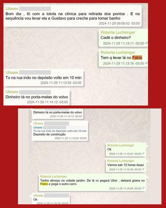 Two WhatsApp chat screenshots in Portuguese between Ulisses and Roberta Luchsinger, discussing plans to pick up children and take them to the creche, dated November 29, 2024.