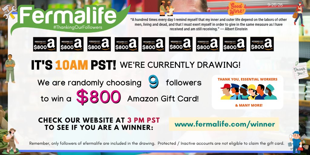 fermalife's tweet photo. ✨IT'S 10AM PST! We are currently drawing 9 random followers to win a $800 #AmazonGiftCard for September's #ThankingOurFollowers drawing! 🧑‍🌾CHECK BACK AT 3PM PST ON OUR WEBSITE TODAY: https://t.co/WC10NXpUI5 ✨ https://t.co/jaRUy5Ep98