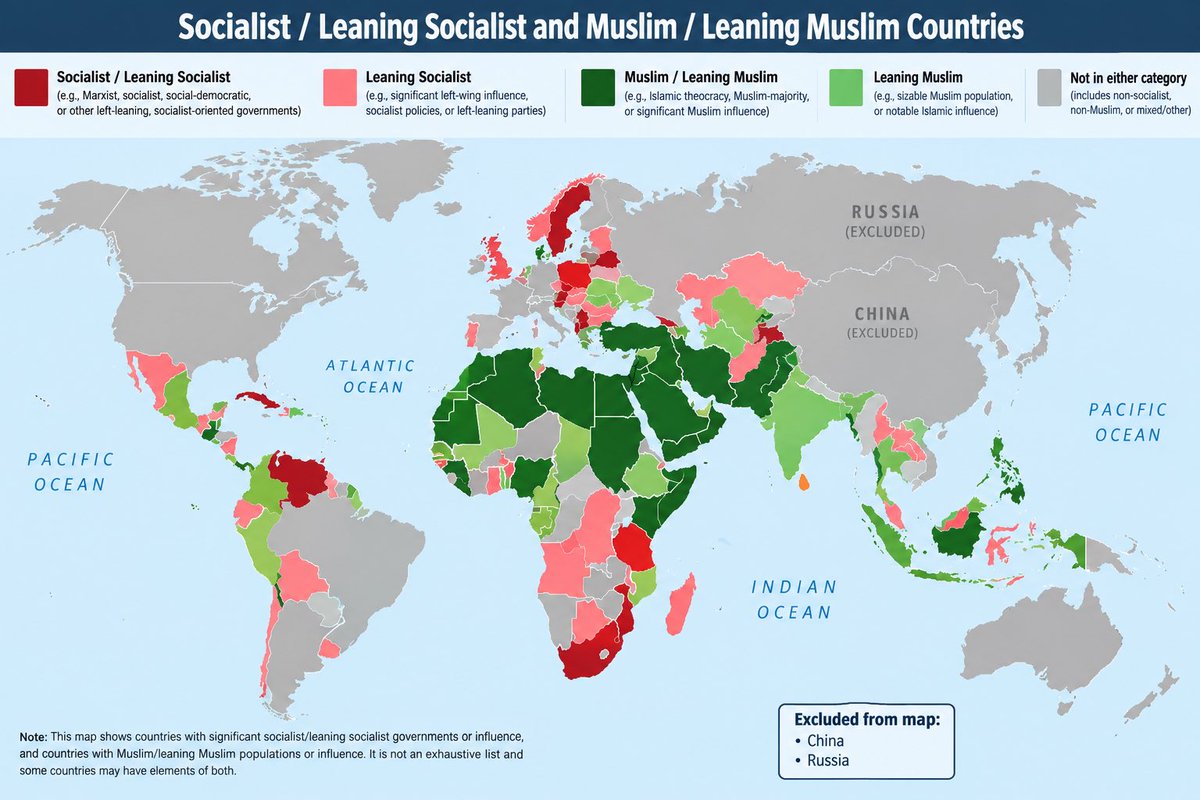 PostRantsHere's tweet photo. @AlanRMacLeod I asked ChatGPT: “Create a world map of socialist/leaning socialist, and Muslim/leaning Muslim countries. Exclude China and Russia” - and this is what I got: https://t.co/7pyAu8MTXc