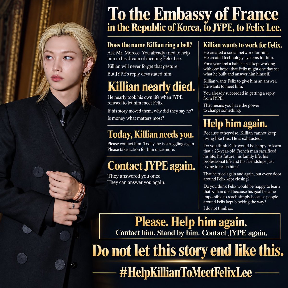 Mister_Sano's tweet photo. @FranceenCoree A message for you regarding #FELIX Lee.

@aidepourkillian @dujardinkillian

#HelpKillianToMeetFelixLee #필릭스 #StrayKids #스트레이키즈 #LEEFELIX https://t.co/984thIapWj