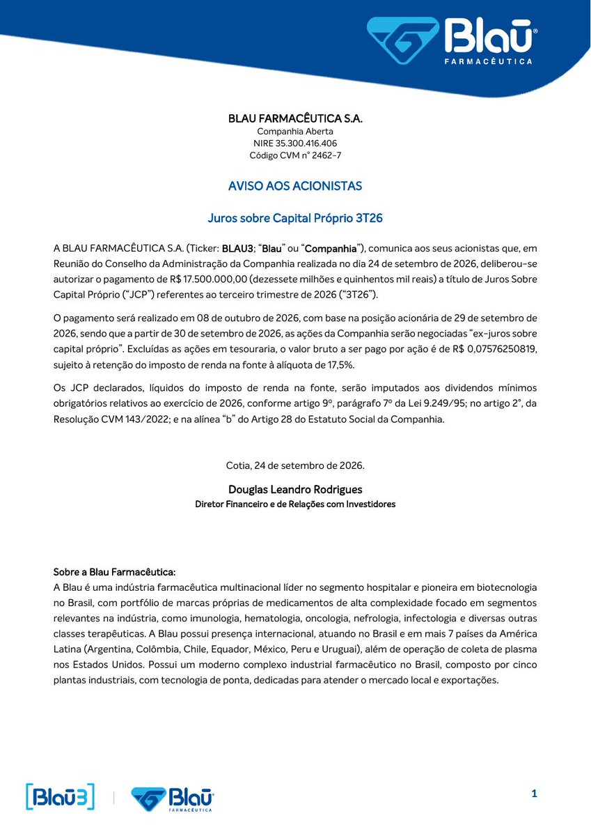 AvisosDaBolsa's tweet photo. BLAU FARMACÊUTICA S.A. - Dividendos/Juros sobre Capital Próprio #BLAU3 #DIVIDENDO #JCP https://t.co/heaHEI4Frk