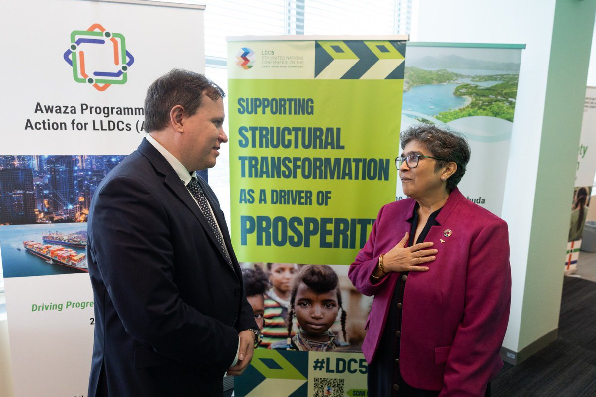 FinlandUN's tweet photo. Minister for Foreign Trade and Development of Finland, @VilleTavio, exchanged views on key global issues with @USGRabab_UN, Under-Secretary General and High Representative of @UNOHRLLS. https://t.co/y3DGEOlny9