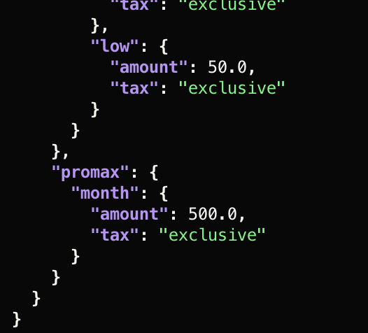 Leaked pricing snippet showing a promax monthly amount of 500.0