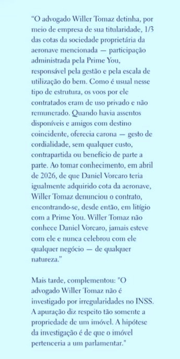 DanjelBigHouse's tweet photo. TRAGO VERDADES 👇🏽2️⃣2️⃣👈🏽

O Advogado Willer Tomaz DESMENTE a versão do voo d jan/25, q levou Flávio e sua família, tivesse relação c/Vorcaro

Willer relatou q, o voo foi solicitado e pago p/ele, c/hs da própria cota na aeronave.
Vorcaro não autorizou, não participou e nem pagou. https://t.co/sfckeZwsK5