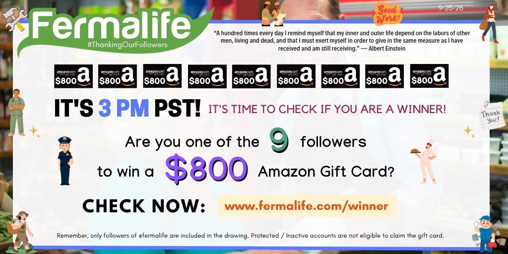 fermalife's tweet photo. ✨IT'S 3PM PST---It's time to check if you are a winner of our monthly #ThankingOurFollowers drawing for 9 random followers to win a $800 #AmazonGiftCard 👷‍♂️CHECK NOW: https://t.co/WC10NXpmSx (Winners have 24 hrs to confirm their win!) ✨ https://t.co/gYKygIX10E