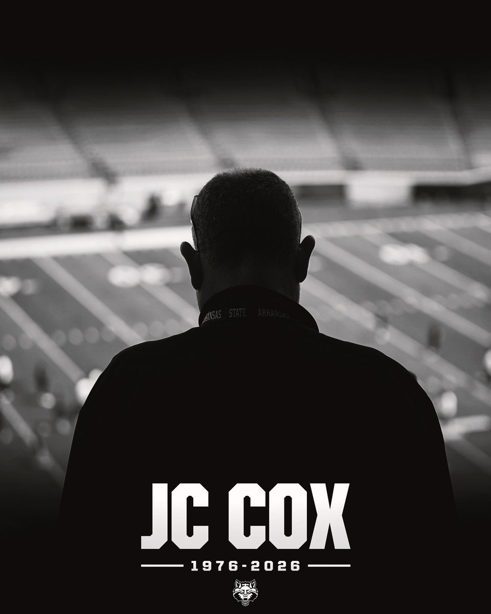 AStateFB's tweet photo. The Arkansas State Football family extends our deepest condolences to the family, friends, and colleagues of JC Cox.

JC made a lasting impact on our program and on everyone fortunate enough to know him. His presence, character, and contributions to A-State Football will never be forgotten.

In remembrance of JC, Arkansas State Football will honor his memory with a helmet decal worn by our team. It is a small tribute to a person who made a lasting impact on our program and will forever be a part of the A-State Football family.

#WolvesUp🐺