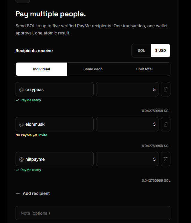 crzypeas's tweet photo. Third and final update for today is for Multi Pay - Pay @solana to Multiple people with @HiltPayMe in a single signed transaction - Now checks live for Active PayMe links.

Type a username into your recipients list and it checks if they have an active PayMe ready, or not. 

If not - invite them with an X post as normal. 

If someone doesn't yet have a PayMe, the transaction can still be processed as is, but Hilt automatically ignore any users without a PayMe.

Send Solana to up to 5 x accounts in one transaction with Hilt PayMe at:  https://t.co/UYUToI0SwY