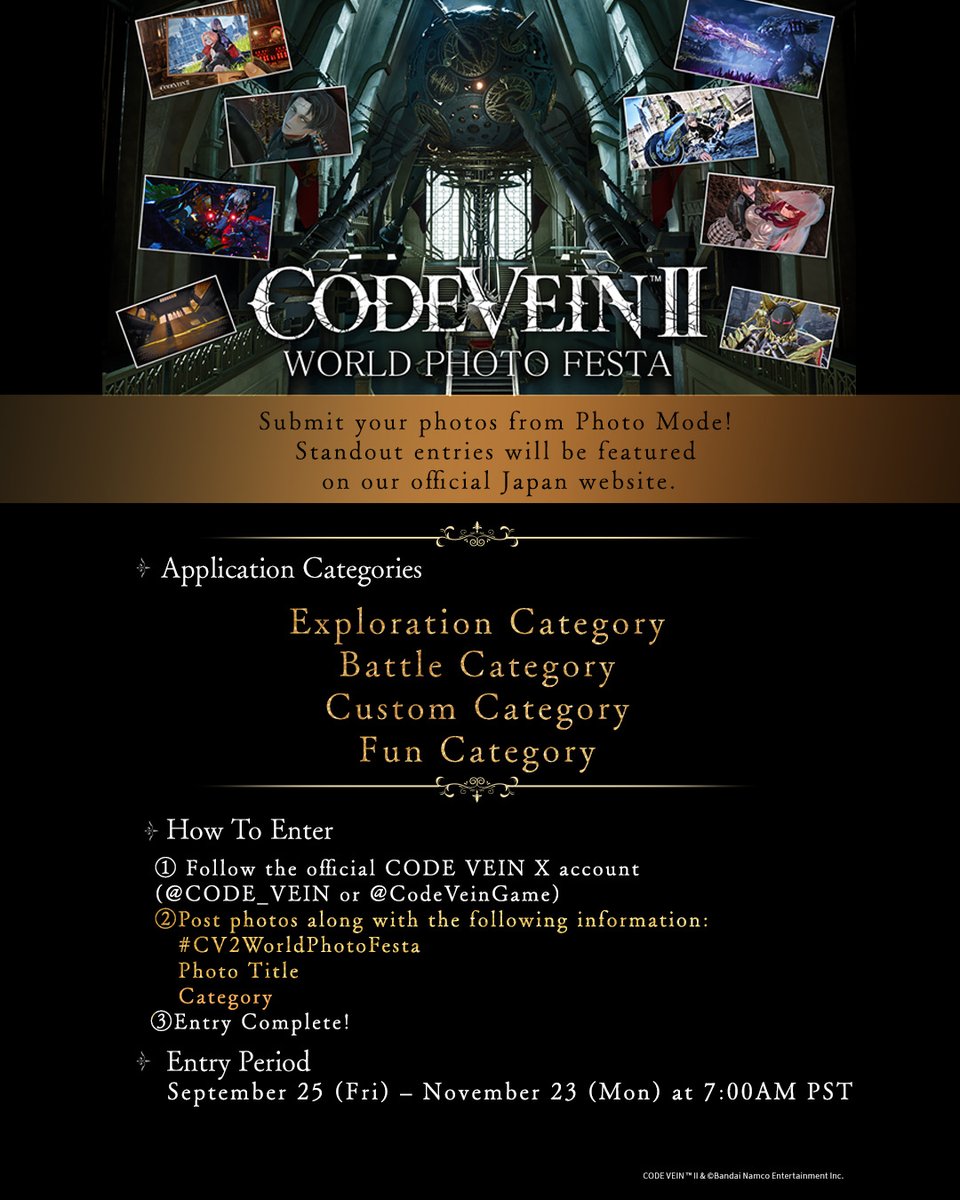 CodeVeinGame's tweet photo. It's #CODEVEIN II World Photo Festa!
 
Submit photos from Photo Mode across four categories using #CV2WorldPhotoFesta for a chance to be featured on our official Japan website!
Let's see the beauty of the Frontier!

Enter here: https://t.co/OSXmwastsn https://t.co/rGbjlBMZeN