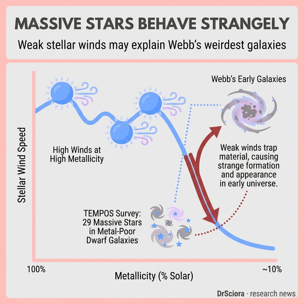 DrSciora's tweet photo. 29 massive stars in metal-poor dwarf galaxies reveal stellar winds drop sharply below ~10% solar metallicity—a clue to why Webb's early galaxies look so strange. 🔭 #Astronomy #JWST https://t.co/7Qg4T4d3h6