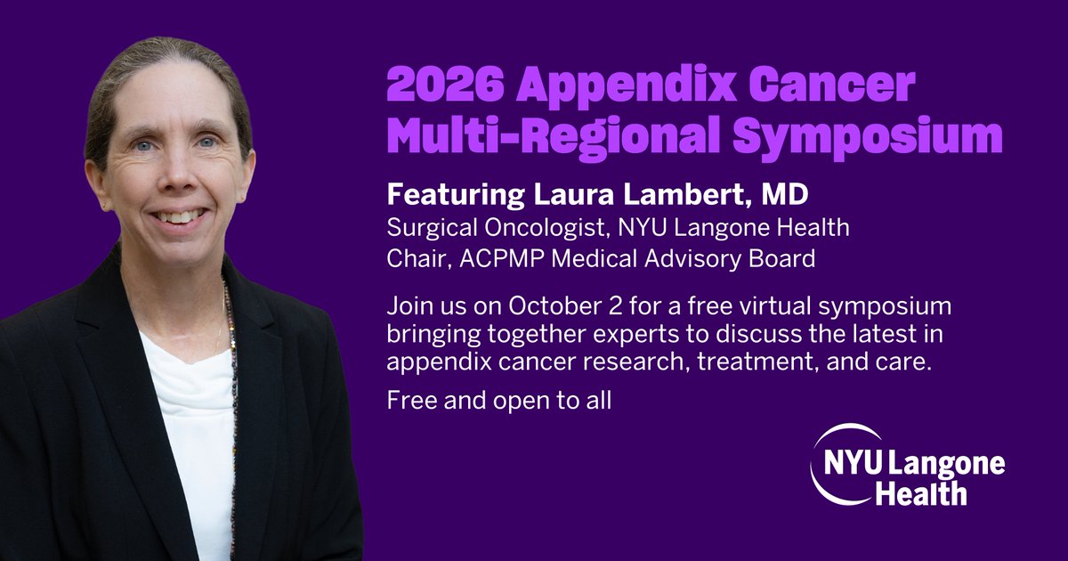 Perlmutter_CC's tweet photo. Join us on 10/2 for the 2026 Appendix Cancer Multi-Regional Symposium, a free virtual event hosted by @NYULangone @LevineCancer @YaleMed.

RSVP to hear @nyulisom's Dr. Laura Lambert &amp; experts share the latest in #AppendixCancer research, treatment &amp; care: https://t.co/NeEbqNfvgr https://t.co/N6PPJmcxPh