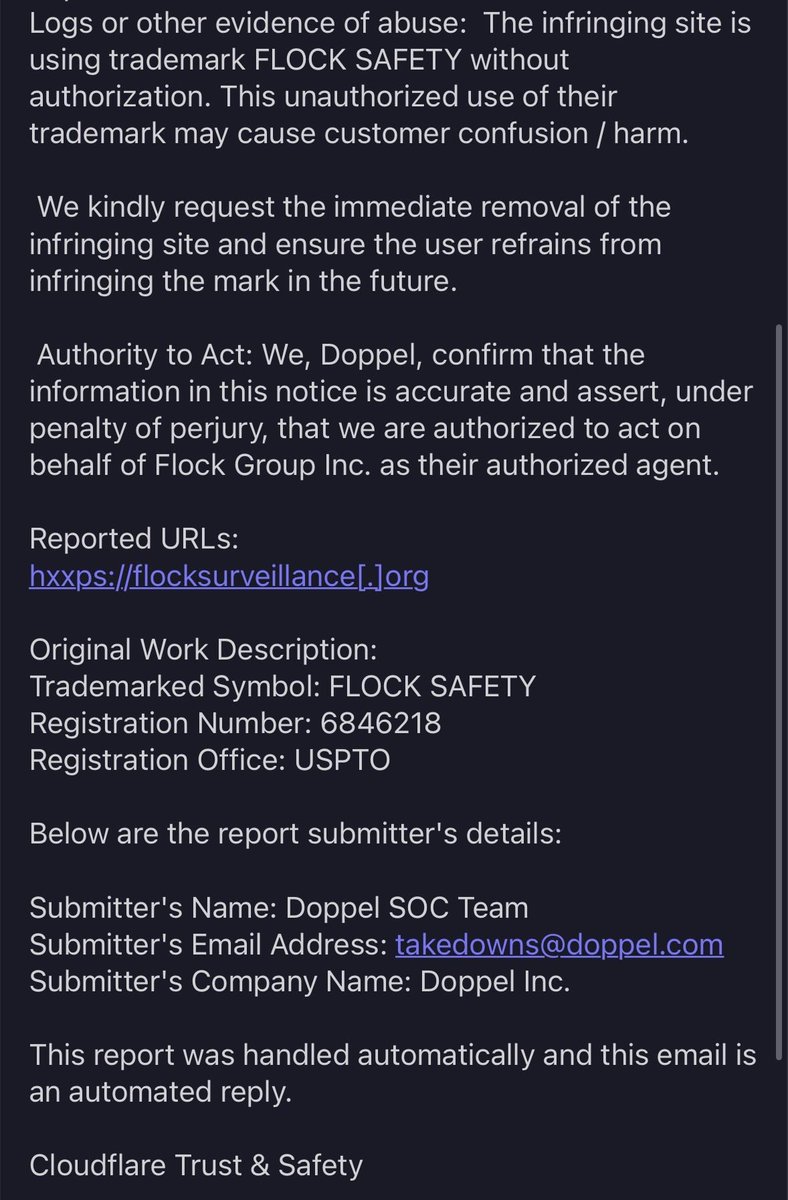 whoisjmichael's tweet photo. Today, Flock Safety, through its brand protection vendor Doppel, submitted a trademark complaint attempting to take down my cybersecurity research published at https://t.co/mnCGjxEUCu.

I will not back down.

This is also not the first time Flock Safety has used trademark claims against independent projects critical of its surveillance network. In 2025, Flock Safety sent @therealDeFlock a cease-and-desist demanding that it stop using the “DeFlock” name and remove it from its website and materials. The Electronic Frontier Foundation represented DeFlock and rejected the demand.

Independent security research, criticism, and journalism should not disappear because the subject of that research doesn’t like it. I’m especially unwilling to watch Americans’ rights to free speech and independent research be eroded in the name of protecting a company’s quarterly interests, particularly when the research raises legitimate national security and cybersecurity concerns.

https://t.co/mnCGjxEUCu is mirrored at https://t.co/mQcF4Icuca.

I’ve also made the full site and all of my research available as a ZIP archive. Anyone can download it and host an independent mirror, just as https://t.co/oW489GSB4b has already done.

Welcome to the American restoration. We do not accept lawfare as a weapon of censorship.

P.S. to the owner of https://t.co/oW489GSB4b: please configure a TLS certificate so visitors can use HTTPS instead of HTTP.