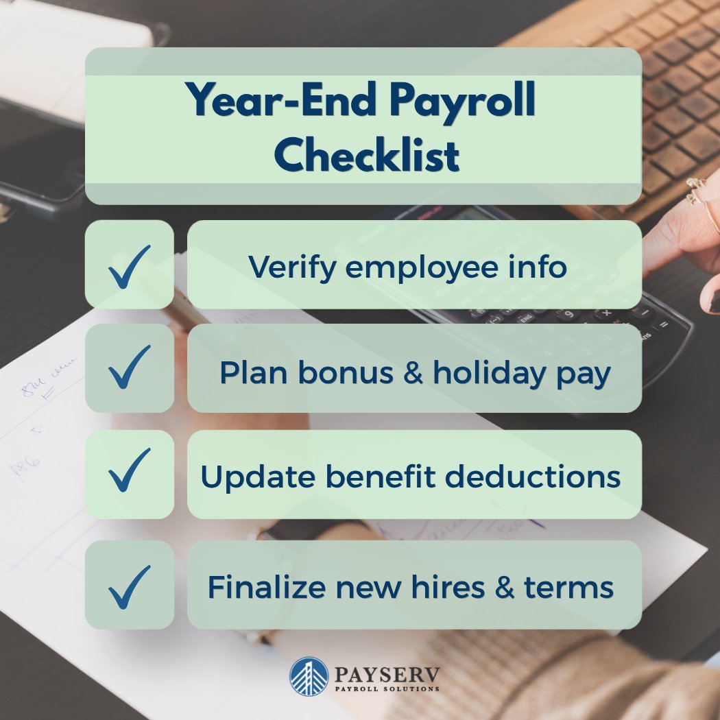 PayServPayroll's tweet photo. Year-end sneaks up fast. Now's the time to double-check employee info, plan bonus payroll, and make sure W-2 season goes smoothly. PayServ has your back.
#PayrollTips #PayrollChecklist #SmallBusiness #YearEnd #PayServ #PayrollSolutions https://t.co/3hXc9hIhCP