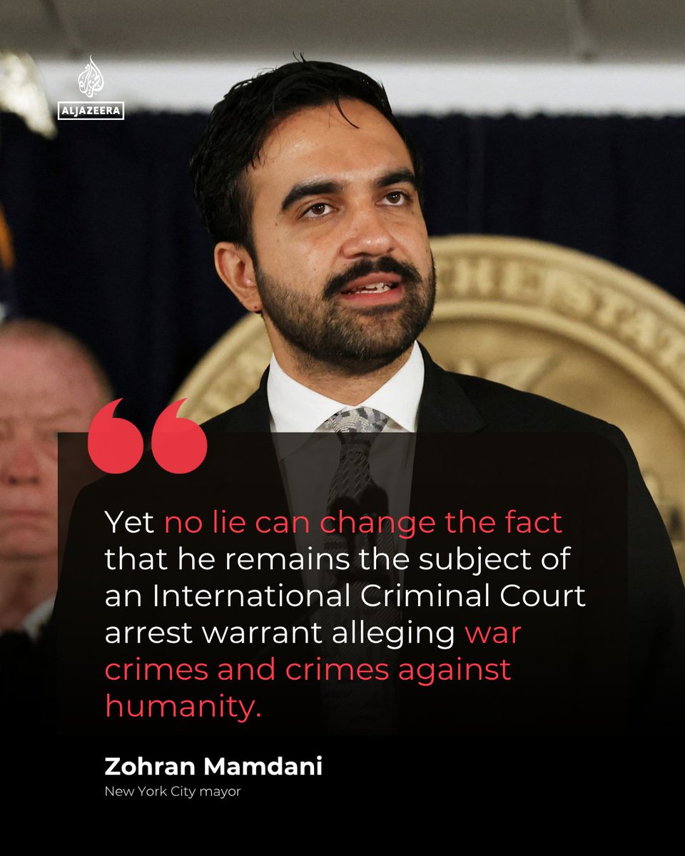 AJEnglish's tweet photo. New York City Mayor Zohran Mamdani accused Israeli Prime Minister Benjamin Netanyahu of repeating "baseless lies" in his UN General Assembly speech, citing the International Criminal Court arrest warrant over alleged war crimes in Gaza.

🔴 LIVE updates: https://t.co/2dpMmFRDAw https://t.co/RTqetDNTzI
