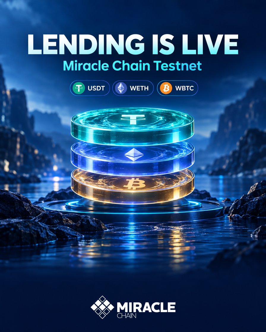 Miracle_Chain's tweet photo. Lending is live on Miracle Chain testnet.

Miracle Lending runs on Aave v3 architecture.
Supply. Borrow. No bank in the middle.

USDT. WETH. WBTC.
Try it on testnet. #miraclechain #DeFi https://t.co/GtBJt1iB8C