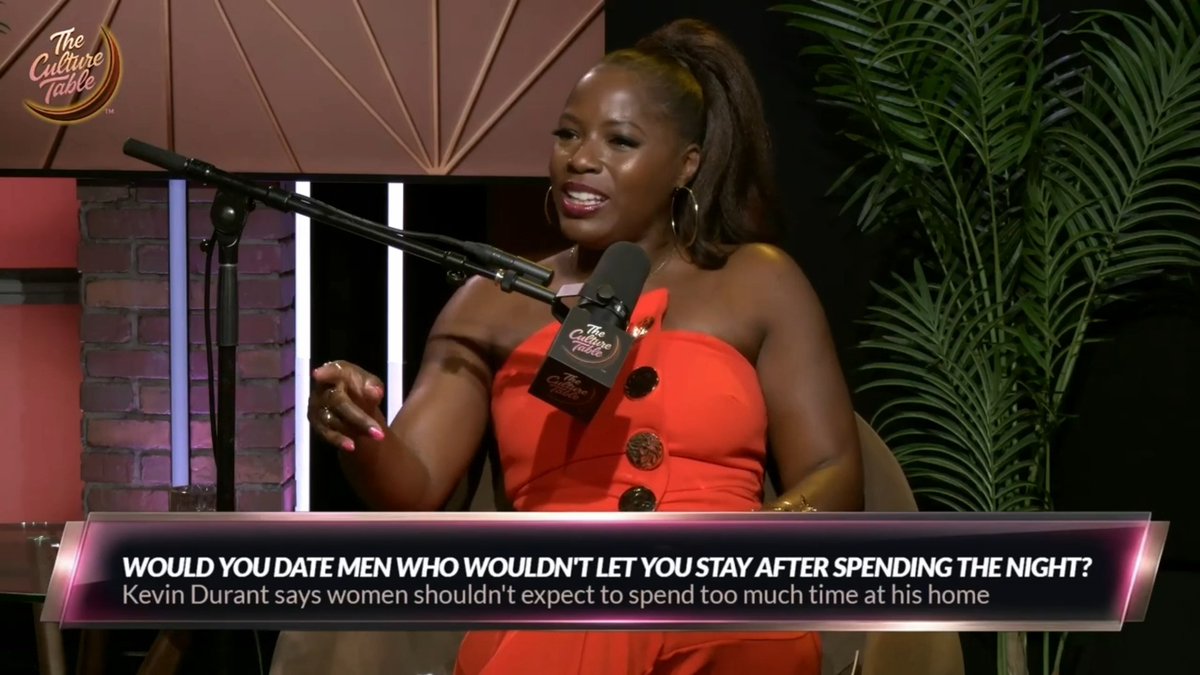 Sumatra Abernathy appears on "The Culture Table" podcast wearing a red dress and speaking into a microphone while discussing relationship topics. The on-screen graphic poses the question "WOULD YOU DATE MEN WHO WOULDN'T LET YOU STAY AFTER SPENDING THE NIGHT?" referencing Kevin Durant's comments about women not expecting to spend too much time at his home, aligning with the post's discussion about categorizing different types of men in relationships.