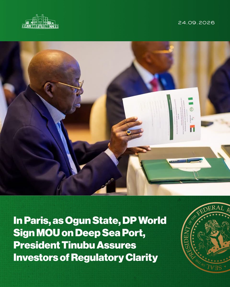 NGRPresident's tweet photo. In Paris, as Ogun State, DP World Sign MOU on Deep Sea Port, President Tinubu Assures Investors of Regulatory Clarity. https://t.co/gYHrpuaLq6