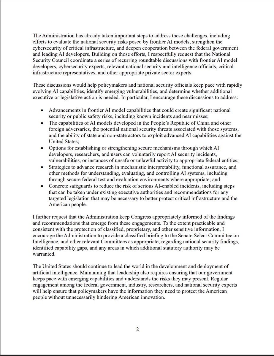SenToddYoung's tweet photo. I am calling for the National Security Council to hold regular meetings on the emerging national security threats posed by advanced AI systems.

America must continue to lead the world in AI while staying ahead of the security challenges posed by this rapidly advancing technology.