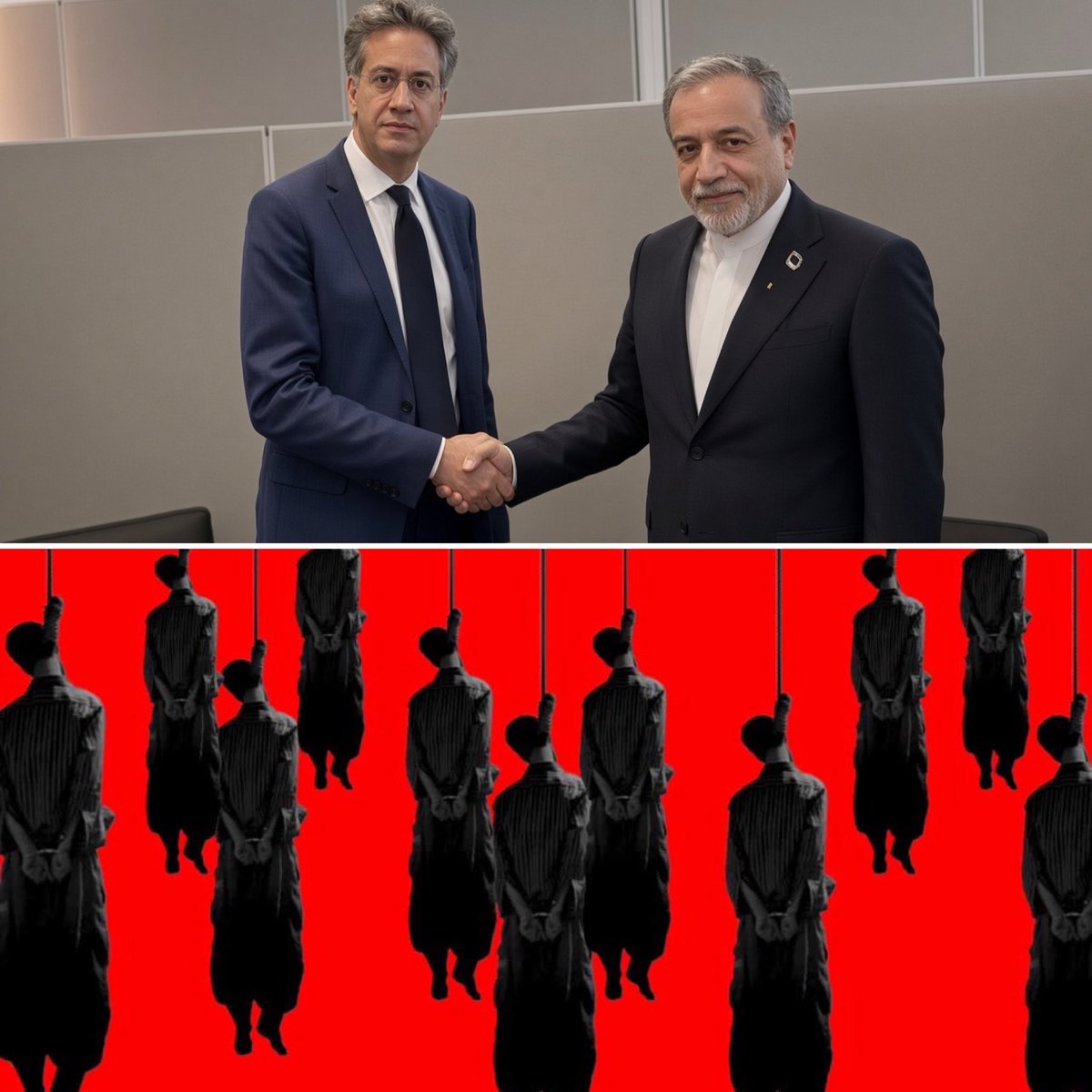 LizaRosen0000's tweet photo. Labour’s Foreign Secretary Ed Miliband embraced and shook hands for the cameras with Iran’s top executioner Abbas Araghchi, foreign minister of Iran’s terror regime. The same regime that slaughtered tens of thousands of protesters in January and hangs more of them every day. Tens of thousands still sit on death row.

This is another example of how the UK’s Labour government supports rape, murder and kidnapping of innocent people by Hamas and the Ayatollah regime in Iran.

The same Miliband slaps sanctions on Israel and smears the Jewish state as the problem. Not because he cares about human life. If he did, he would not press flesh with the men who turn children into corpses for daring to protest the ayatollahs.

Labour needs Muslim votes. That is the price. Israel is the sacrifice. The victims of Islamic terror are the currency: Jews in Israel, girls in Britain, protesters in Tehran.

Shame on Ed Miliband. Shame on the entire Labour government.