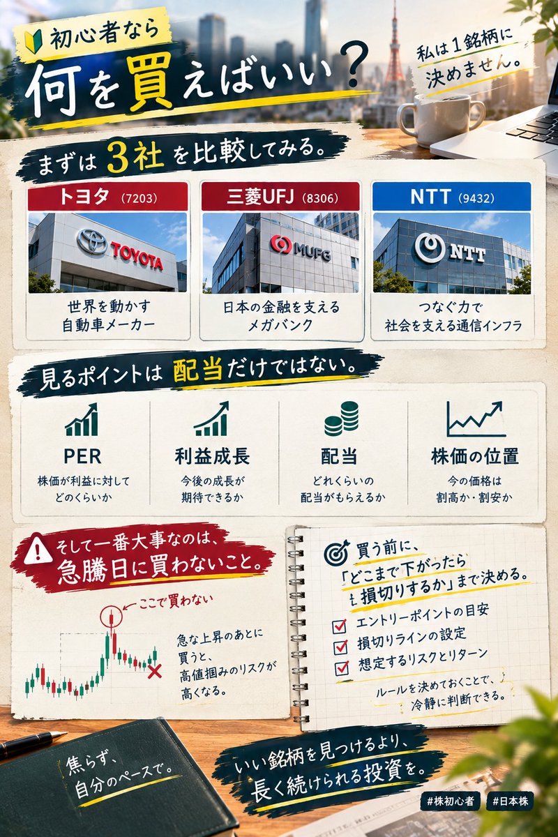 aaron_quaid's tweet photo. 「初心者なら何を買えばいい？」

私は1銘柄に決めません

まずは
トヨタ
三菱UFJ
NTT
の3社を比較してみる。

見るポイントは配当だけではない。

PER、利益成長、配当、株価の位置。

そして一番大事なのは、急騰日に買わないこと。

買う前に「どこまで下がったら損切りするか」まで決める

#日本株 https://t.co/KyMO5BkowM