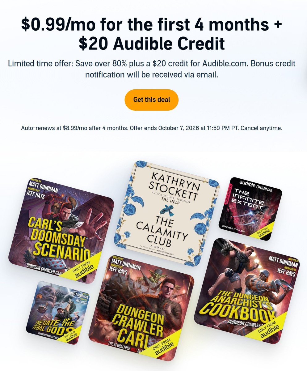 Pricerrors's tweet photo. 4 MONTHS AMAZON AUDIBLE AT $1 + $20 CREDIT

Amazon is giving 4 months of Audible for $1/m + a $20 audible credit

https://t.co/Pr2HDxw51h #ad

Free credit is rarely seen, so best time to take advantage

Prime users only (log out + reopen link if it doesn't show) https://t.co/d5vHfhg1gn