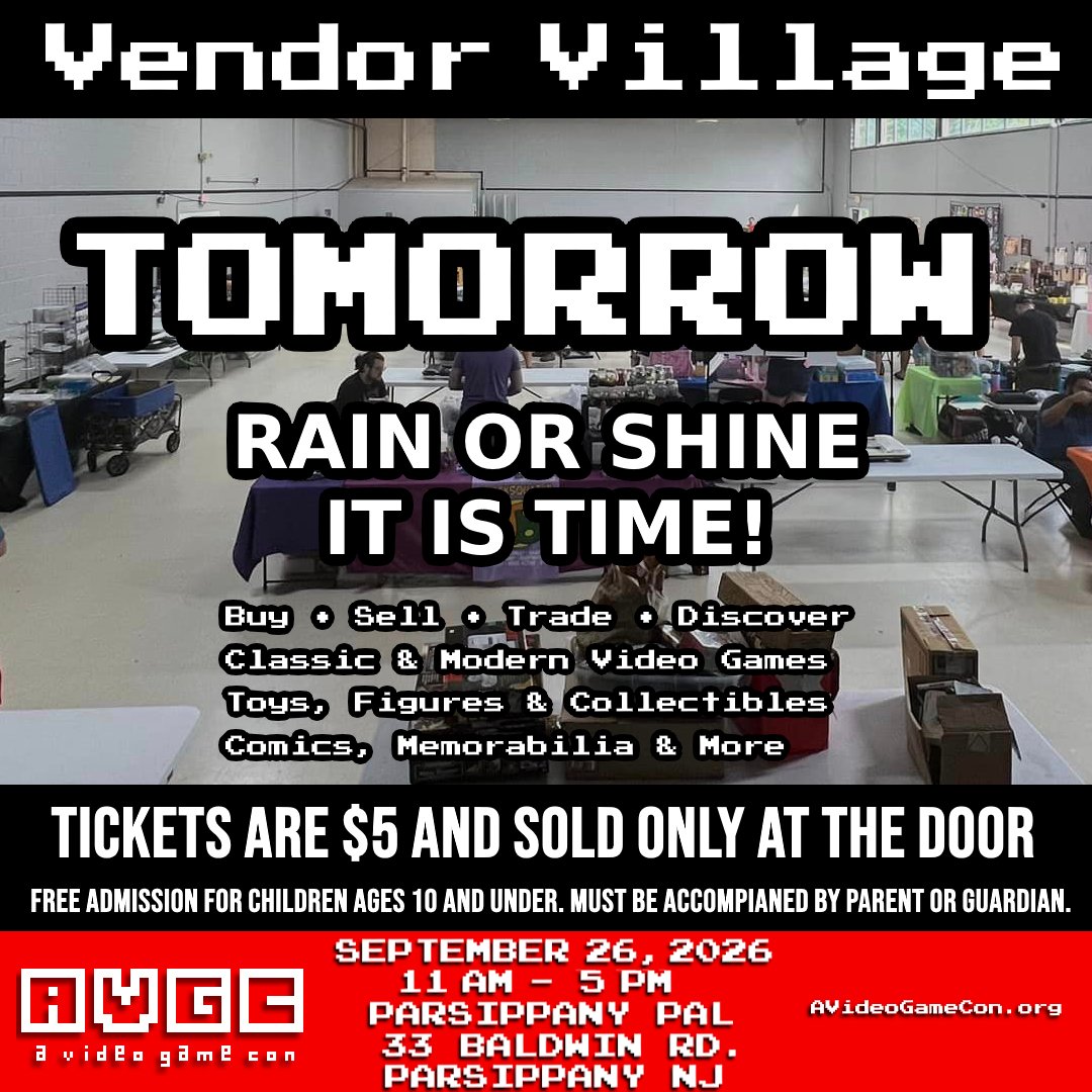 aVideoGameCon's tweet photo. Rain in the forecast? No problem. Vendor Village is indoors, and our vendors are ready to show you warm hospitality and cool finds. Pack a water-resistant bag for your finds, and come for deals tomorrow from 11 AM to 5 PM. #AVGC #AVideoGameCon #VendorVillage #NewJersey #NJ https://t.co/wbpegBqoTU