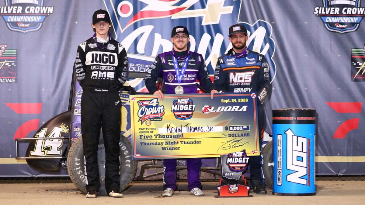 USACNation's tweet photo. Tonight's top-3 USAC @NosEnergyDrink National Midget feature finishers at @EldoraSpeedway. 👏

🥇 @kevinthomasjr || @4KingsRacing #14

🥈 @JustinGrant40 || @_CBIndustries #87

🥉 Hayden Reinbold || @RUMotorsports #19AZ

📸 @rkfphoto98 https://t.co/vQDITdiJBE