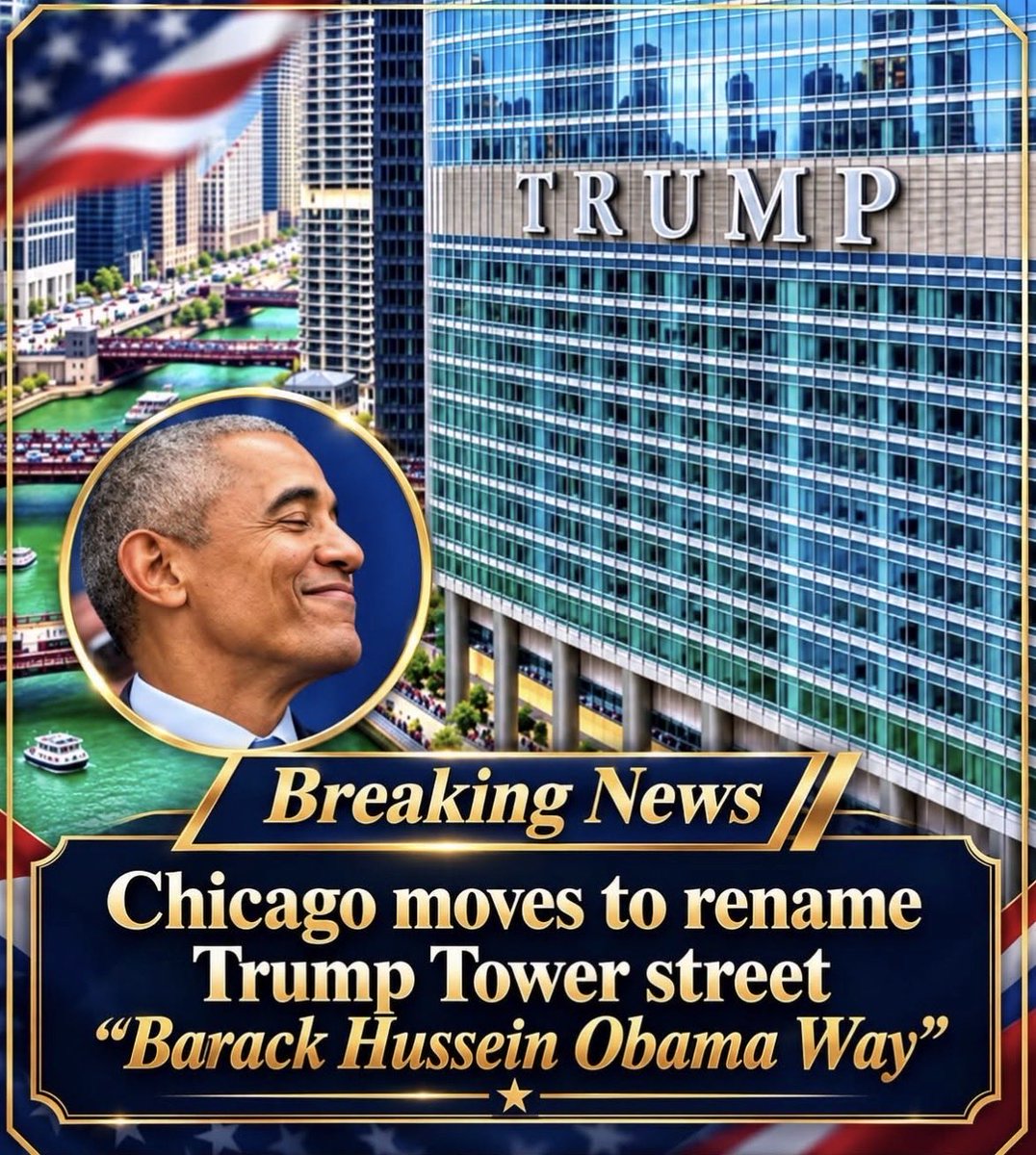 MelanatedTalk's tweet photo. Trump Tower in Chicago could soon be located on ‘Barack Hussein Obama Way'
Talk about the ultimate slap in the face! Trump would have a hissy fit!  I would LOVE to see this happen.
🤣🤣🤣
#Chicago 
#Trump 
#Obama https://t.co/808X2bHEbI