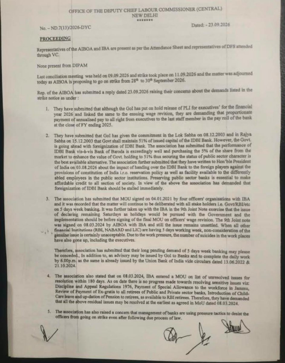 IdbiFor's tweet photo. We are ready for dialogue. AIBOA has participated whenever the Labour Commissioner convened conciliation meetings. Yet, as recorded in the 23 Sept 2026 proceedings, @SecyDIPAM was absent and deliberately avoid talks while @DFS_India participated through VC.

Despite repeated efforts at conciliation, key issues remain unresolved. The 28–30 Sept strike follows due process and continued attempts at dialogue.

#DoNotSellIDBI #SaveIDBI #AIBOA
