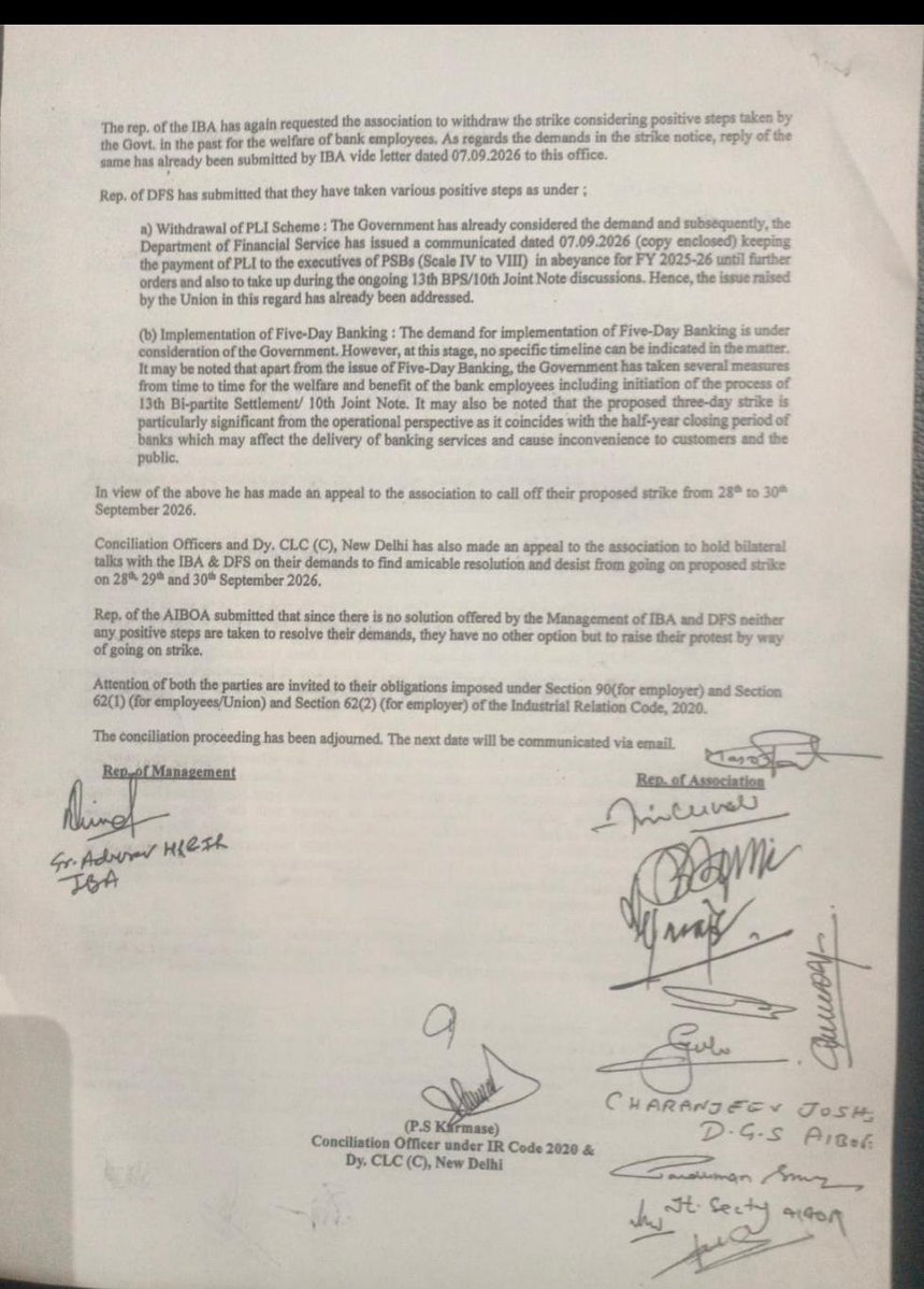 IdbiFor's tweet photo. We are ready for dialogue. AIBOA has participated whenever the Labour Commissioner convened conciliation meetings. Yet, as recorded in the 23 Sept 2026 proceedings, @SecyDIPAM was absent and deliberately avoid talks while @DFS_India participated through VC.

Despite repeated efforts at conciliation, key issues remain unresolved. The 28–30 Sept strike follows due process and continued attempts at dialogue.

#DoNotSellIDBI #SaveIDBI #AIBOA