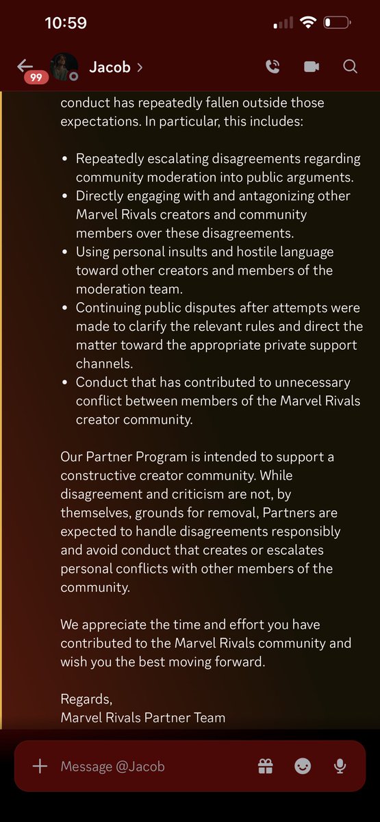 SamiiMarieex's tweet photo. I’ve never had 1 warning, offense, etc while I had a partnership with Marvel Rivals. I have now received that I’m being removed because of my public arguments and insults towards the community and other creators 😂😂 This is another example of them picking and choosing. Plenty of creators have consistently caused drama, insulted, and disrespected the community, mods, & other creators over and over. It’s just because I’m smaller they’re choosing to remove me. Am I upset? No. I’m just posting this to show that they again pick and choose which rules to follow & who needs to follow them which was what my post was originally about. After I responded he blocked me 😂