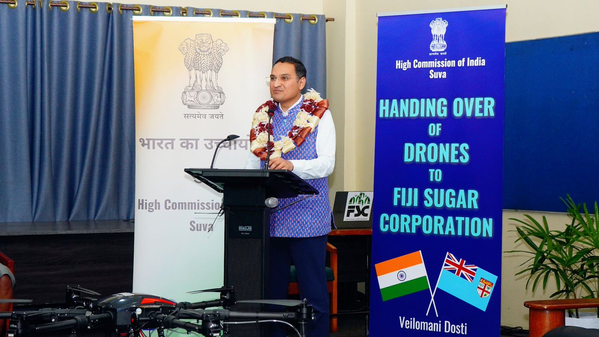 HCI_Suva's tweet photo. 🇮🇳🤝🇫🇯 #VeilomaniDosti 

High Commissioner Suneet Mehta formally handed over 12 agricultural drones, gifted by the Government of India to the Fiji Sugar Corporation (FSC), to Hon. Tomasi Tunabuna, Minister for Agriculture, Waterways & Sugar Industry, in Lautoka. 

The handover fulfils a commitment announced during the visit of Hon. Prime Minister @slrabuka to India in August 2025, and reflects the longstanding and multifaceted India–Fiji partnership in agriculture and the sugar sector. From seeds and mobile soil-testing laboratories to specialised training for Fijian sugarcane farmers at the National Sugar Institute in Kanpur under ITEC, India’s support combines technology, knowledge and capacity-building.

The 12 drones will support more efficient, technology-enabled and sustainable sugarcane production in Fiji. India remains committed to working alongside Fiji to advance agricultural innovation, productivity and resilience, while strengthening our enduring partnership for the benefit of Fijian farmers and communities. 

@MEAIndia @IndianDiplomacy @PIB_India @DDNewslive @WIONews @ANI @FijiGovernment @FijiAgriculture @MinistrySugar @FijiSugar