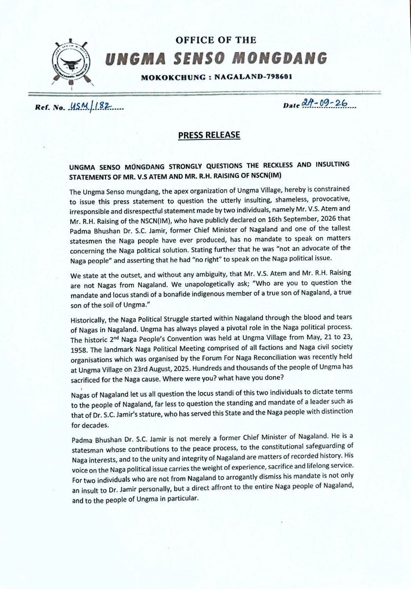 JShakurB's tweet photo. 🚨#BreakingNews⚡️ 
Denoucing the "Audacity of Non-Nagaland elements or Outsiders (Manipur Nagas) in attempting to interfere in & dictate the political affairs of Nagaland, the Ungma Senso Mongdang reminded V.S. Atem & R.H. Raising of NSCN-IM that the Naga political struggle was forged with the blood, sacrifice & tears of the Nagas of Nagaland & they are not Nagas of Nagaland.
Therefore, The Naga cause & Freedom of speech of a bona-fide Naga cannot be curtailed by any Outside elements.

The Ungma Senso Mongdang also cautioned NPF MLA Achembemo Kikon not to trade the birthright of a bona-fide citizen of Nagaland for cheap political mileage based on half-baked history concocted by the Tangkhul-led NSCN-IM.

@JosephNaga1986 @LIANGMAIPOST @News9Tweets @newslaundry @MIB_India @ttindia @TheNewIndian_in @the_hindu @IndianExpress @PTI_News @IndiaToday @MirrorNow
@timesofindia @ndtv @WIONews @firstpost  @DeccanHerald @themojostory @EastMojo @AJEnglish @News18India @NELiveTV @ANI @scroll_in 
@rahulkanwal  @WasbirH @AdityaRajKaul  @gpsinghips  @aajtak @DDNewslive @ndtvindia @Republic_Bharat @LiveLawIndia @reporters_co @paul_chawang

#GyaneshKumar #Naga #Nagaland #Manipur