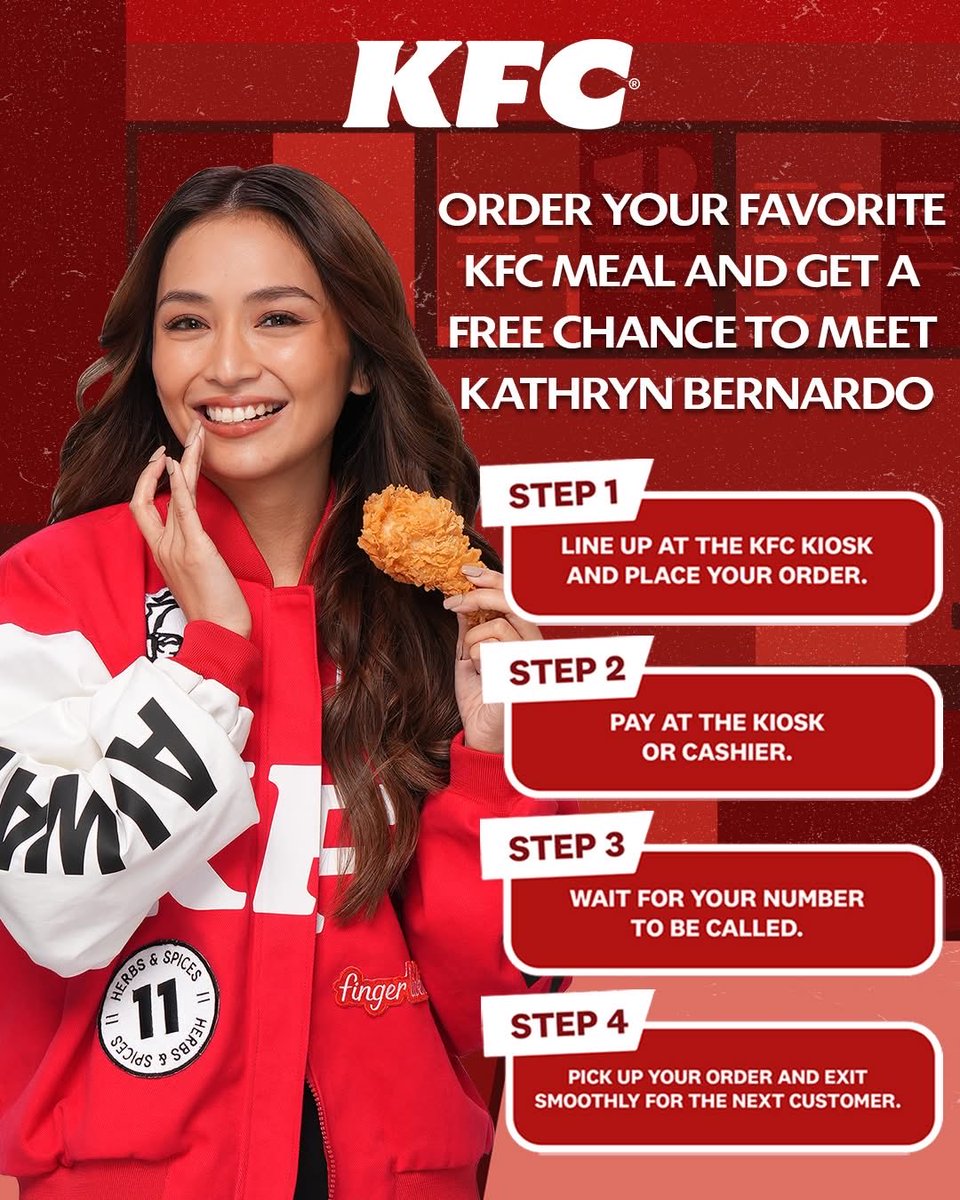 OfficialKBB's tweet photo. This is your chance to meet Kathryn Bernardo in person! See you tomorrow at KFC SM City Fairview at 2PM! 🥰❤️

Before you visit, don’t forget to check these reminders to help make sure everyone has a fun, safe, and memorable experience. ✨

#KFCPhilippines #KFCCelebrityCrew https://t.co/yM8mrpUhlQ