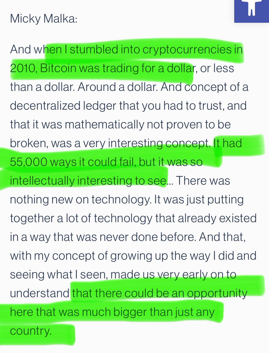 Altcoinist's tweet photo. "And when I stumbled into cryptocurrencies in 2010, Bitcoin was trading for a dollar, or less than a dollar. Around a dollar. 

And concept of a decentralized ledger that you had to trust, and that it was mathematically not proven to be broken, was a very interesting concept. 

It had 55,000 ways it could fail, but it was so intellectually interesting to see… 

There was nothing new on technology. It was just putting together a lot of technology that already existed in a way that was never done before. 

And that, with my concept of growing up the way I did and seeing what I seen, made us very early on to understand that there could be an opportunity here that was much bigger than just any country."

- @mickymalka 🐸 $tibbir