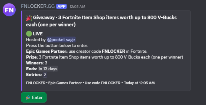 FNLockerGG's tweet photo. 🎉 Fortnite giveaway is LIVE!

3 winners will each get one Item Shop item worth up to 800 V-Bucks.

Enter here: [https://t.co/4SMqLXbxDk]

Ends October 8. Good luck! 🍀

Epic Games Partner — use creator code FNLOCKER in Fortnite.

#Fortnite #FortniteGiveaway #Giveaway #FNLOCKER https://t.co/SsVHih7TXw