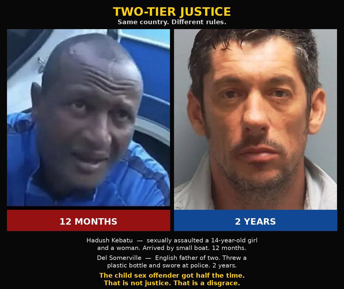 benonwine's tweet photo. Two-tier isn’t a theory anymore. It’s the sentencing list.

Two faces. Two sentences. One country.

Del Somerville. English. Father of two. Locked out of his own marina where he lives. Throws an empty plastic bottle and swears at a police line at a protest about migrants. Two years. Crown Court. Judge calls him a thug and says the point of the sentence is to stop anyone else standing there when the next boat comes in.

Hadush Kebatu. Off a small boat. Eight days in the country. Sexually assaults a 14-year-old in her school uniform. Tries it on a woman who intervenes. Tells the girls he wants a baby with them. Twelve months. Magistrates’ maximum. Then they talk about deporting him after.
One offence is a bottle in a crowd. The other is a child.

The Englishman gets the longer stretch. The man who put his hands on a schoolgirl gets half of it, that’s the sick state of our country RIGHT NOW!

That is not “different facts, different courts.” That is the state telling you which crime it actually fears. Disorder from people who live here. Not the assault that started the protests in the first place.

If you throw plastic at police while angry about boats, you are a deterrent case. If you assault a 14-year-old after arriving on one, the system finds the lowest available box and ticks it.

Call it what it is. Two-tier and NOT justice and it’s a bloody disgrace.