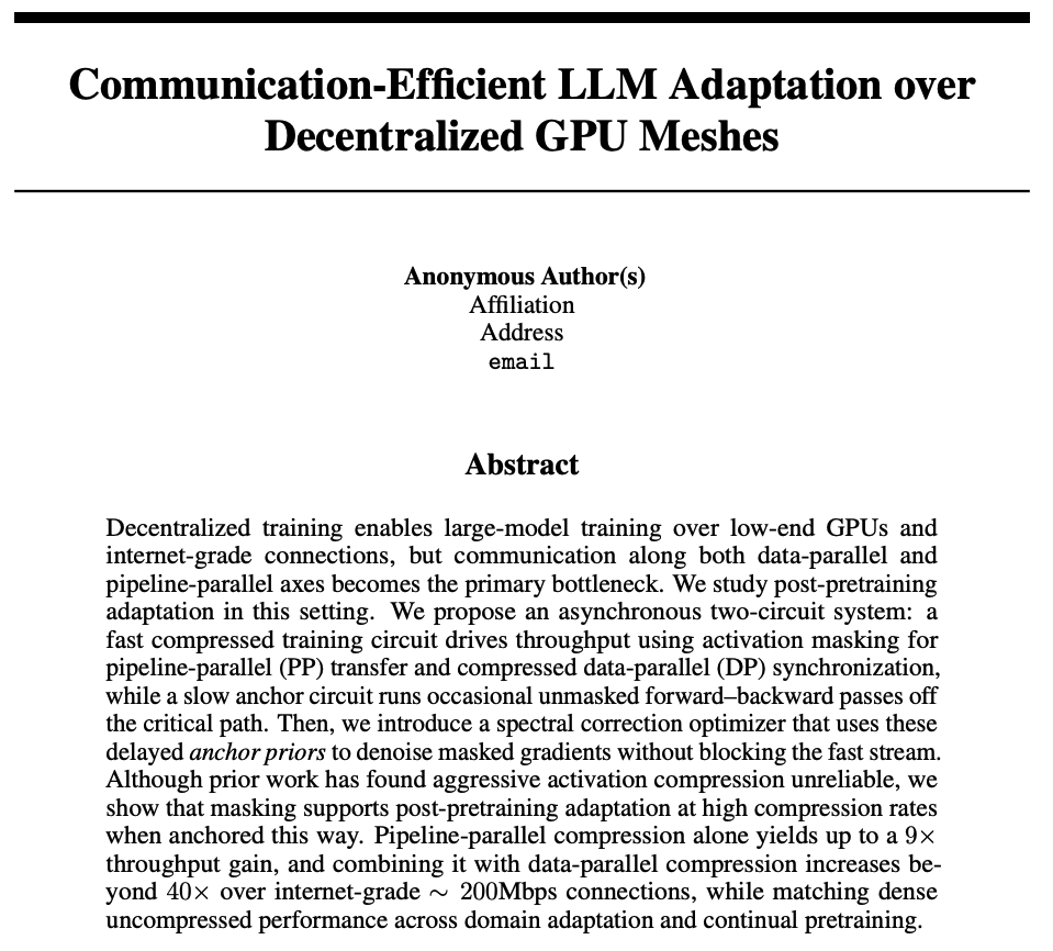 Pluralis's tweet photo. We are fortunate to have 3 papers accepted to this years NeurIPS.

The first is AsyncMesh - a technique for asynchronous updates across both data and pipeline parallelism simultaneously.

Second is NuMuon, which shows the low-rank structure we observe in Subspace Networks is also present and can be exploited under Muon-style optimisers. 

The third introduces a technique to finetune open-weight models in the Protocol Learning setup. This is significant as prior to this work, this kind of distributed training required architectural changes, and hence starting from scratch.