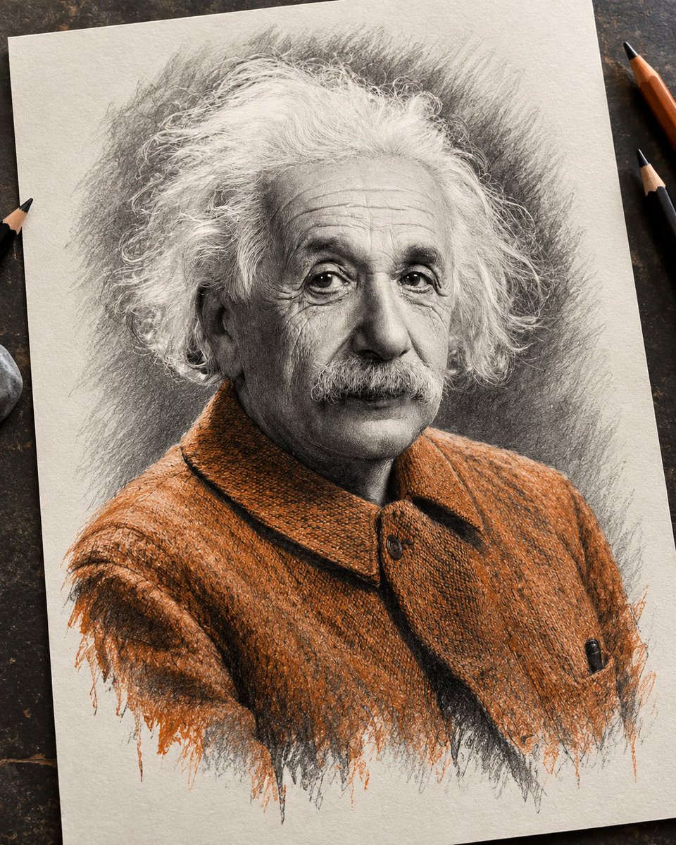 ChatGPTindia_'s tweet photo. ☘️ Pencil Sketch Portrait ✨

From a blank sheet to a timeless expression.

Use ChatGPT image 2.5

Full man prompt: 👉 Use the uploaded photo as the ONLY face and identity reference. Create a highly detailed, realistic graphite pencil portrait of the EXACT SAME MAN. STRICT IDENTITY LOCK: preserve his exact face shape, forehead, eyebrows, eyes, eye spacing, nose, lips, moustache, jawline, chin, cheeks, skin proportions and all distinctive facial features. Do NOT beautify, redesign, masculinize, idealize, or replace his face.

Create a refined hand-drawn graphite portrait on slightly warm white textured drawing paper. Bust-up composition, natural three-quarter pose, shoulders slightly turned while the face looks toward the viewer. Preserve realistic masculine anatomy and expression.

Transform only the visual medium into premium realistic graphite pencil artwork. Detailed pencil strokes, smooth tonal transitions, realistic skin texture, sharp eyes, natural eyebrows, detailed moustache, realistic hair strands, deep graphite shadows and subtle highlights.

Give the man thick, natural, slightly wavy voluminous hair with individually rendered strands and realistic depth. Keep the face monochrome graphite.

Clothing should have a rich muted burnt-orange/terracotta tone with realistic fabric folds and texture. Everything else remains black-and-white graphite. Let the colored clothing gradually dissolve into artistic graphite/color drips near the lower edge.

Show the complete paper sheet lying diagonally on a dark charcoal artist desk, photographed from a slightly elevated overhead angle. Add a few naturally cropped pencils around the edges. Soft diffused daylight, subtle paper shadow, visible paper grain and authentic pencil texture.

Photorealistic photograph of a premium traditional hand-drawn graphite portrait. Elegant editorial aesthetic, realistic materials, highly detailed, tactile and believable. NOT digital painting, NOT cartoon, NOT anime, NOT CGI.

Vertical 4:5 composition, full sheet visible with comfortable margins. MOST IMPORTANT: the man's face must remain immediately recognizable as the exact person in the uploaded reference.

Full Girls prompt: 👉 Create a highly detailed realistic graphite pencil portrait with selective color, using the uploaded image strictly as the ONLY face and identity reference. Preserve the subject's facial identity with maximum accuracy-same face shape, forehead, eyebrows, eye shape and spacing, nose structure, lips, jawline, chin, cheek structure, and overall facial proportions. Do not beautify, reinterpret, idealize, or replace the face with a generic attractive face. The final portrait must remain immediately recognizable as the exact same person from the uploaded reference, even after conversion into graphite artwork. Translate only the visual medium into a refined hand-drawn pencil style; do not alter the underlying facial anatomy or

identity. Composition & Pose:

Bust-up/upper torso portrait, viewed from a gentle three-quarter angle. The subject's shoulders are turned slightly away while the face turns back toward the viewer, creating an elegant over-the-shoulder pose. Head held naturally upright, eyes looking directly toward the viewer with a calm, confident expression. Keep the portrait centered on the sheet with comfortable white negative space around the hair and shoulders. Hair:

Long, thick, voluminous natural color wavy hair flowing around both sides of the face and cascading over the shoulders. Large smooth waves and curled ends, with individually rendered strands, layered graphite shading, realistic highlights, deep shadows between the curls, and a natural center part. Hair should feel glossy and dimensional rather than flat or sketchy. Face & Drawing Style:

Realistic graphite rendering with smooth tonal transitions, delicate pencil texture, softly shaded skin, Finely defined eyes, brows, nose and lips. Crisp facial features with subtle blending and controlled contrast. Preserve natural skin texture through pencil shading without making the face overly airbrushed or cartoon-like. Darker graphite around the eyes and hair creates strong visual depth. Clothing & Selective Color:

A loosely draped off-shoulder fabric/top falling naturally around the upper torso with soft folds and a relaxed neckline. Keep the entire portrait monochrome graphite except the clothing, which is rendered in a rich muted burnt-orange/terracotta tone with realistic fabric texture and subtle shading. The lower edge of the colored area softly transitions into artistic unfinished paint/graphite drips. Paper & Presentation:

The drawing appears physically created on a clean rectangular sheet of slightly warm white drawing paper. The complete sheet is visible and placed diagonally on a dark charcoal-black artist's desk. Photograph the artwork from a slightly elevated overhead perspective, with mild natural perspective distortion so it feels like a real drawing lying on a table. Desk Details:

Minimal artist workspace surrounding the paper. A few sharpened wooden graphite/colored pencils partially enter the frame near the upper-right and right edges. Keep these secondary and naturally cropped rather than carefully arranged. Lighting & Texture:

Soft diffused studio/daylight from above, producing gentle shadows beneath the paper and pencils. Preserve visible paper grain, realistic graphite strokes, fine pencil marks and subtle tonal imperfections. High clarity on the drawing while maintaining the tactile feel of genuine traditional artwork. Overall Aesthetic:

Photorealistic photograph of a premium hand-drawn graphite portrait, elegant editorial beauty aesthetic, sophisticated black-and-white shading with one restrained burnt-orange color accent, realistic materials, clean presentation, highly detailed, refined and believable - not digital painting, not cartoon, not anime, not plastic-smooth CGI.

Framing: vertical 4:5 aspect-ratio, full sheet comfortably visible, balanced margins, no tight cropping. Face same as reference image.