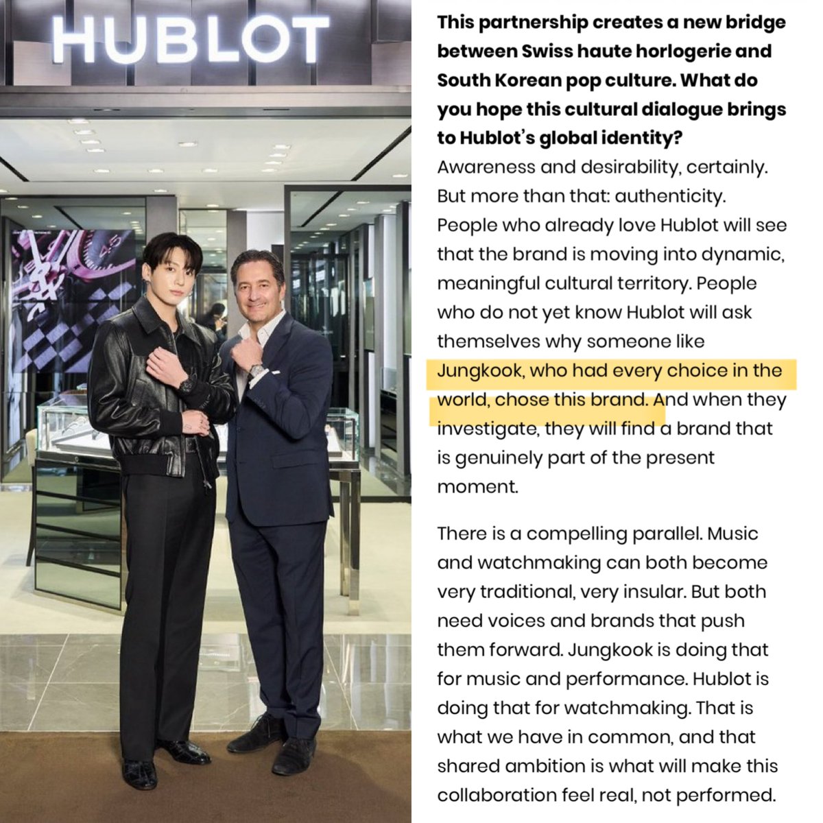 JenTheDreamer1's tweet photo. Jungkook chooses the brands that really values his artistry and heart as a performer. I just love how they always highlight that. And the way they always make it clear that it was JUNGKOOK WHO CHOSE THEM.🥰

#JUNGKOOKXHUBLOT https://t.co/93QO5zRMhM