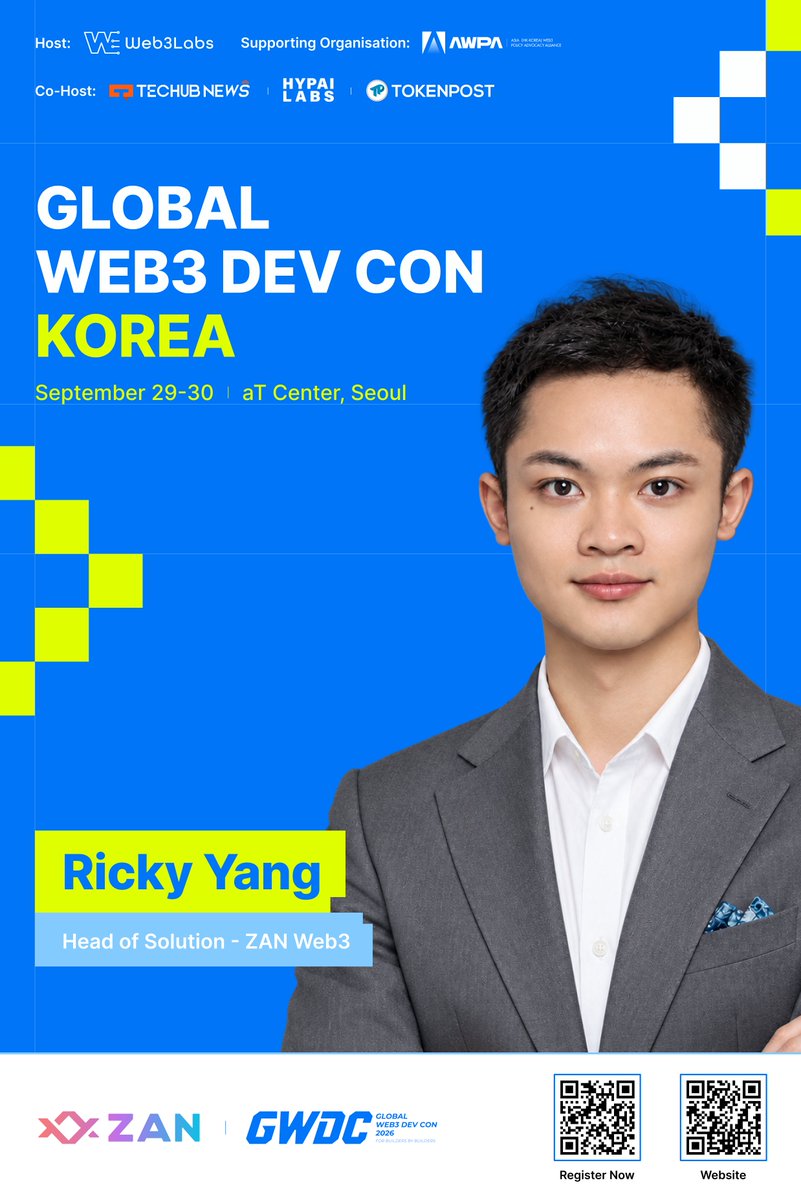 gwdc2026korea's tweet photo. 【#GWDC 2026 KOREA】SPEAKER ANNOUNCEMENT 🚀

We are thrilled to announce that Ricky Yang | Head of Solution at ZAN has confirmed his attendance at "GWDC 2026 KOREA".

Ricky Yang @0xCryptoLee serves as the Head of Solution at ZAN @zan_team , driving technical implementation across enterprise-grade Web3 infrastructure, smart contract security audits, Node RPC services, and Real-World Asset (RWA) tokenization. As a premier Web3 technology service brand for global markets, ZAN delivers high-performance, compliant, and secure Web3 technology toolchains—backed by robust cryptographic capabilities—for developers, financial institutions, and decentralized projects worldwide. Leveraging his extensive expertise in blockchain architecture, commercial Web3 solution design, and enterprise compliance integration, Ricky is actively accelerating the seamless bridge between traditional institutions and Web3 ecosystems.

On September 29–30 at the aT Center, Seoul, Mr. Ricky Yang will join government officials, business leaders, industry experts, and developers to share forward-looking insights and co-shape the future paradigm of Web3 and AI.

🎟 Registration: https://t.co/trfDtgQKVQ 
🌐 Official Website: https://t.co/I4qnT9jAUP 
📄 Event Sponsorship: https://t.co/slNgszKgYD