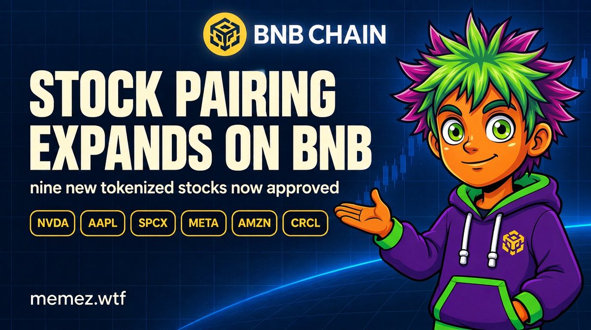 memezdotwtf's tweet photo. Nine new tokenized stocks are now live for pairing on BNB Chain. 🟡

SPCX · NVDA · AAPL · CRCL · MSTR · INTC · HOOD · META · AMZN

Launch a coin on https://t.co/iRxvUnhlup, pick one as your pair asset, and your graduation liquidity is seeded against the stock instead of only BNB.

https://t.co/iRxvUnhlup