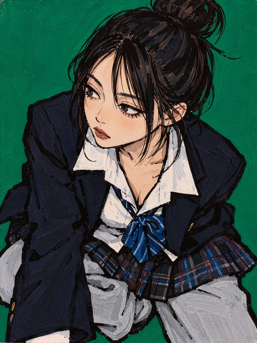 NEAIart's tweet photo. 制服 × お団子 × スウェット × グリーン https://t.co/6x35D9lFDd
