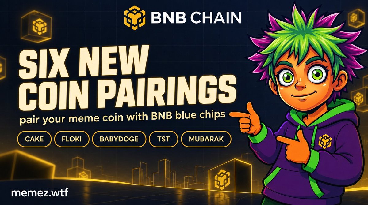 memezdotwtf's tweet photo. Six new coin pairings just opened on BNB Chain. 🟡

CAKE · FLOKI · BABYDOGE · BROCCOLI · MUBARAK · TST

Launch on https://t.co/5gbUEmGDAv, pair your coin with one of them, and holders get rewarded in that coin instead of only BNB.

https://t.co/5gbUEmGDAv https://t.co/vpp3GBEVZV