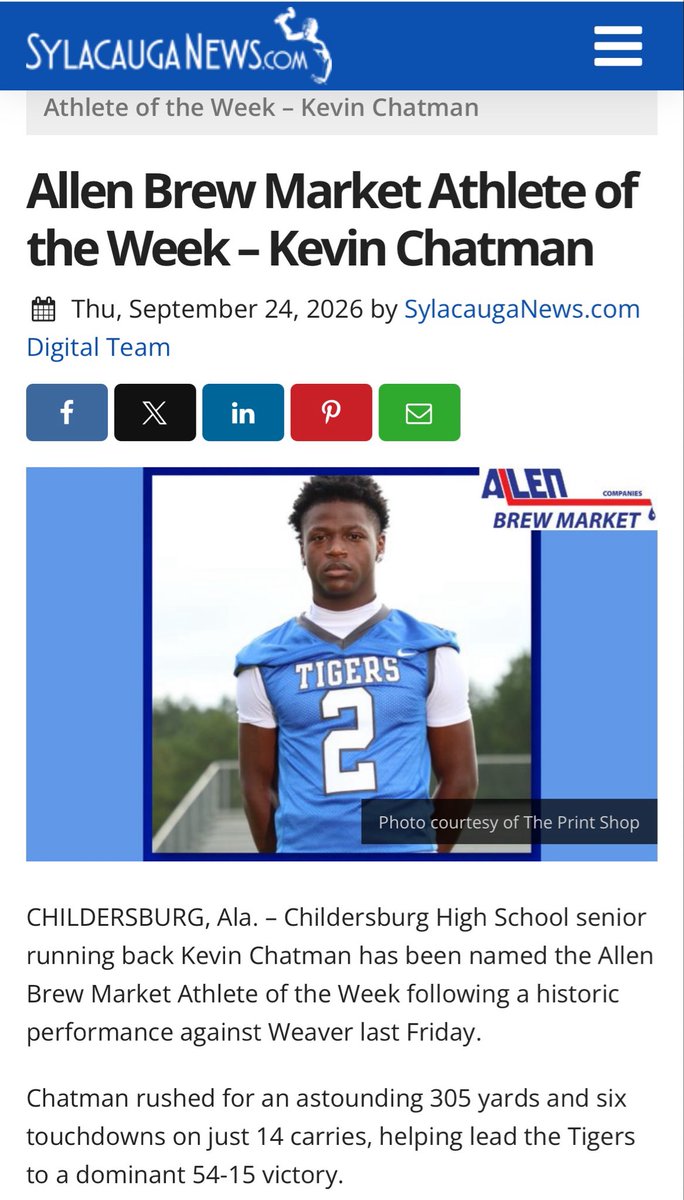 K2Chatman's tweet photo. Blessed to be Allen Brew Market Athlete of the week. #AGTG 
@PrepRedzoneAL @troy_report @DexPreps @CoachZedaker @HallTechSports1 @CoachDaniels06 @maxwellthurmond @CoachBoyette https://t.co/w5AEvhF8rn
