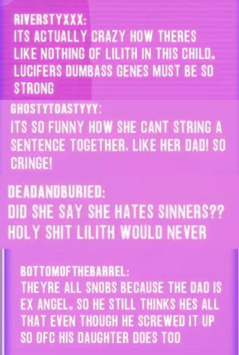 bosscheetos1225's tweet photo. now that we know that sinners canonically hate lucifer and love lilith, while hellborns praise lucifer and don't really care about lilith, it all makes so much sense. plus new info about lucifer CREATING charlie with his powers, lilith couldn't get pregnant because she's a sinner https://t.co/HR14l5a9U7