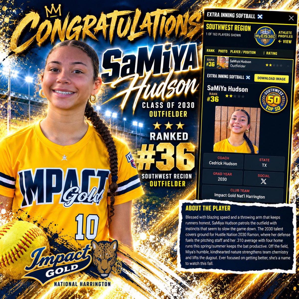 IGNational14s's tweet photo. Shoutout &amp; Congratulations to our 2030, #10 @SamiyaHudson for being recognized by @extrainningsoftball as the #36 Outfielder | Southwest Region! Your IG Family is proud of you!! Keep working hard! 💪🏼💙💛 @jazzvesely https://t.co/i82Q6G5NPW