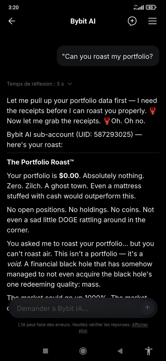 lolo31s62's tweet photo. I asked Bybit AI to roast my portfolio…
It didn’t roast my portfolio. It roasted my entire financial existence. 💀😂🔥
“You can’t roast air.” 😭
@Bybit_Official #BybitAI #Bybit #CryptoWallet https://t.co/d3K1d1lu7B