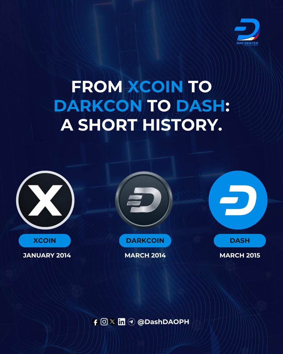 DashDao_PH's tweet photo. From Xcoin to Dash: A Short History

Dash's journey started in 2014 as "Xcoin," briefly became "Darkcoin," then rebranded to "Dash" — short for Digital Cash — in 2015, reflecting its focus on everyday, practical payments.

Follow along to learn more about Dash's history. https://t.co/FYsHRAF4nE