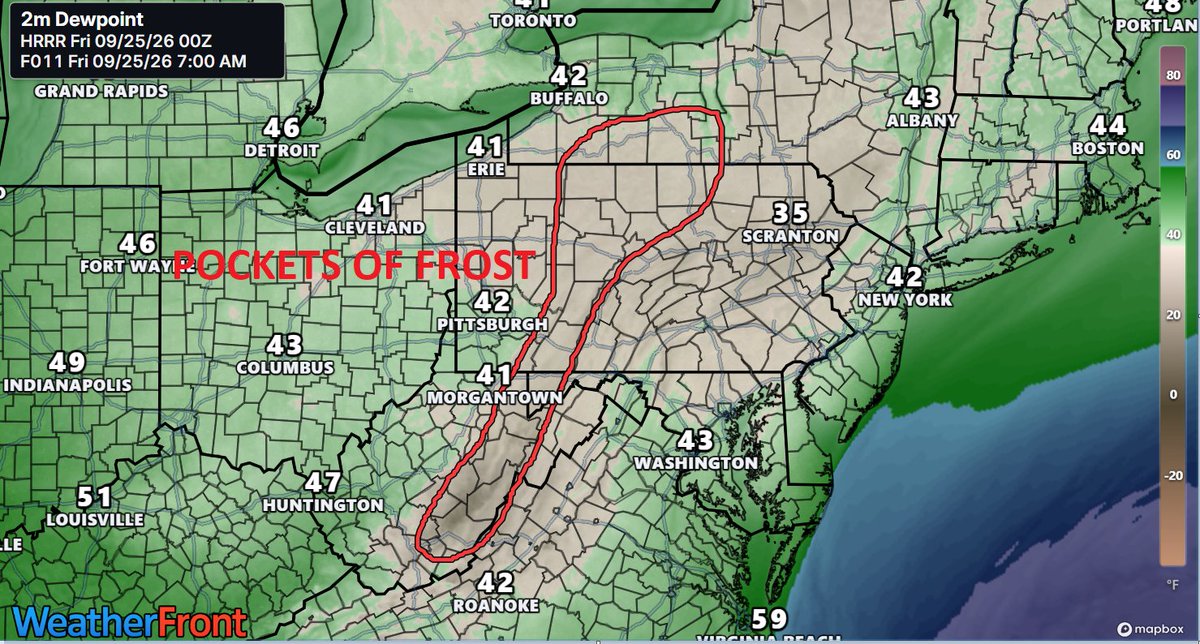 AppalachiaWx's tweet photo. Frost Possible Across Portions of The Central Appalachians Overnight!!!

As of Thursday evening, temperatures are rapidly falling across the region. Clear skies, light winds, and dry air is creating an optimal environment for radiational cooling. This will especially be the case in sheltered valleys, where some pockets of frost will be possible by Friday morning. The highlighted area represents the locations where pockets of frost will be possible overnight. Areas that are not highlighted are unlikely to see frost at this time. The National Weather Service has issued Frost Advisories for some counties from eastern West Virginia through northern Pennsylvania. 

#PAwx #wvwx #mdwx #NYwx #FrostAdvisory #coldweather
